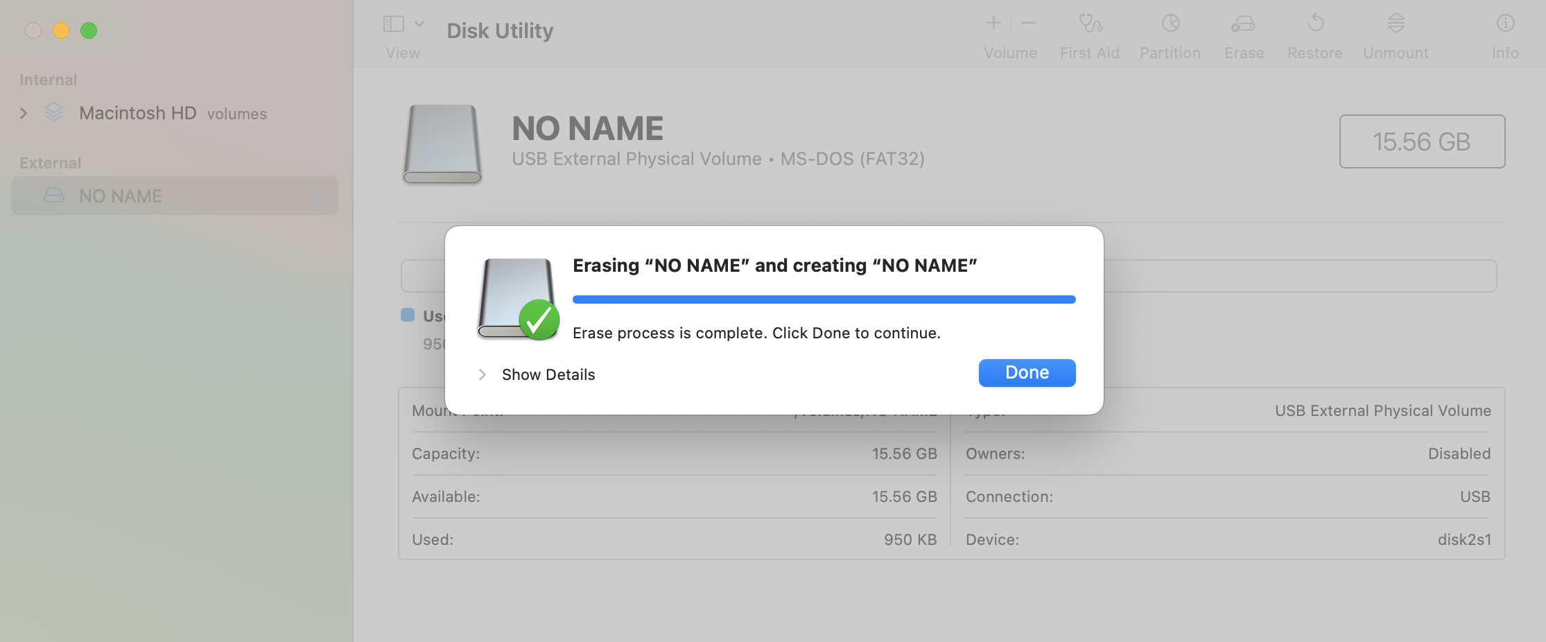 disk utility erase success
