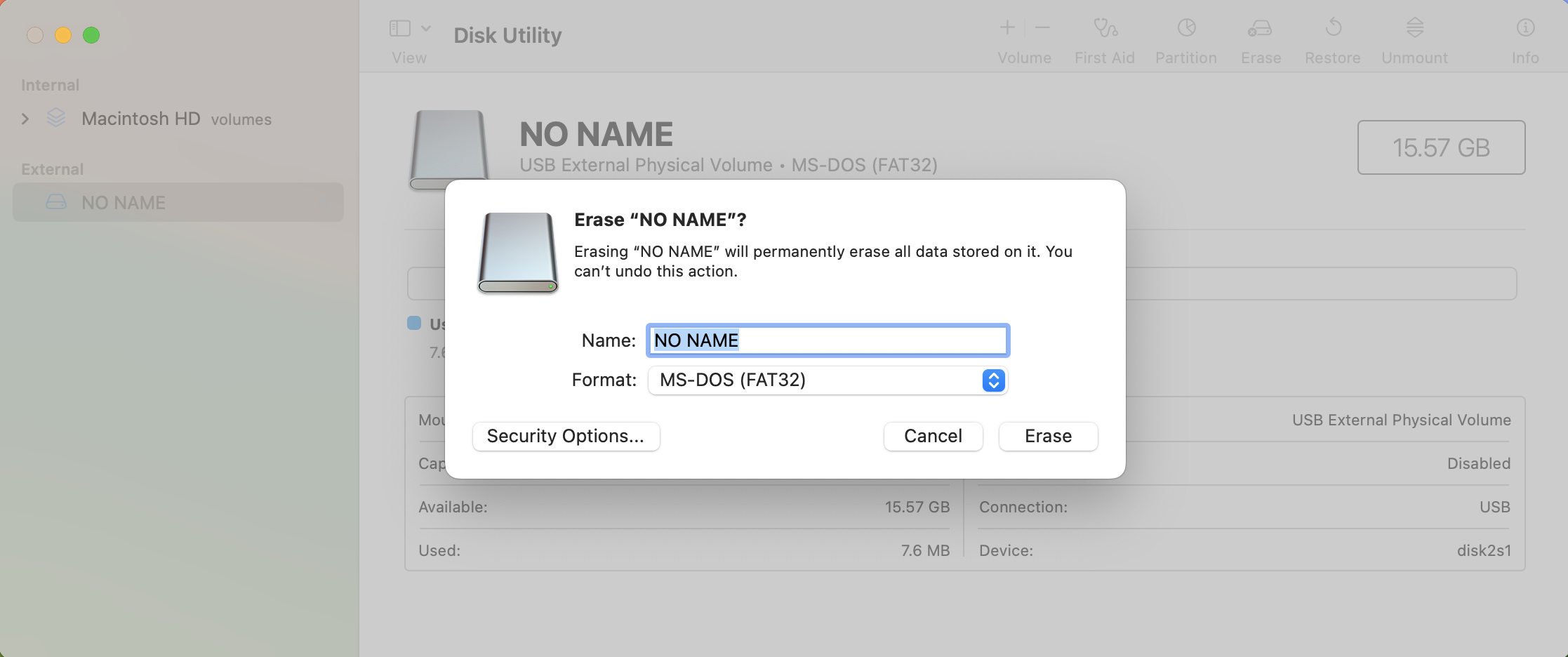 disk utility erase confirm