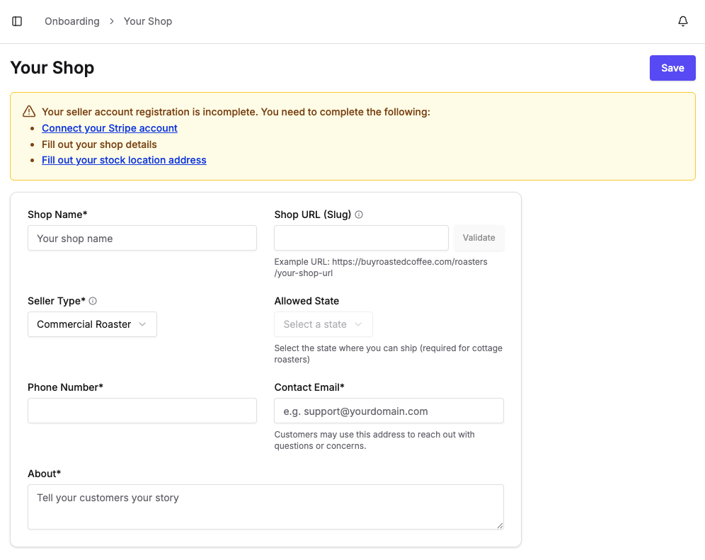 The Your Shop page, with the Onboarding menu on the left